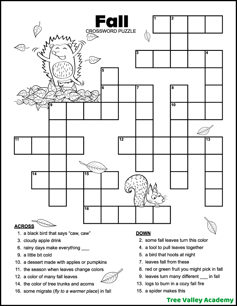 easy fall crossword puzzle for kids - tree valley academy
